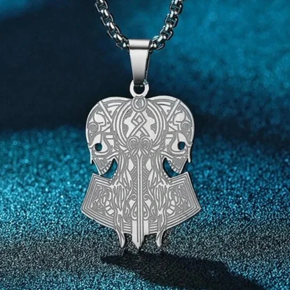 “Opposing Tribal Skulls” Native American Aztec Celtic Nordic Conjoined Necklace - Picture 1 of 13